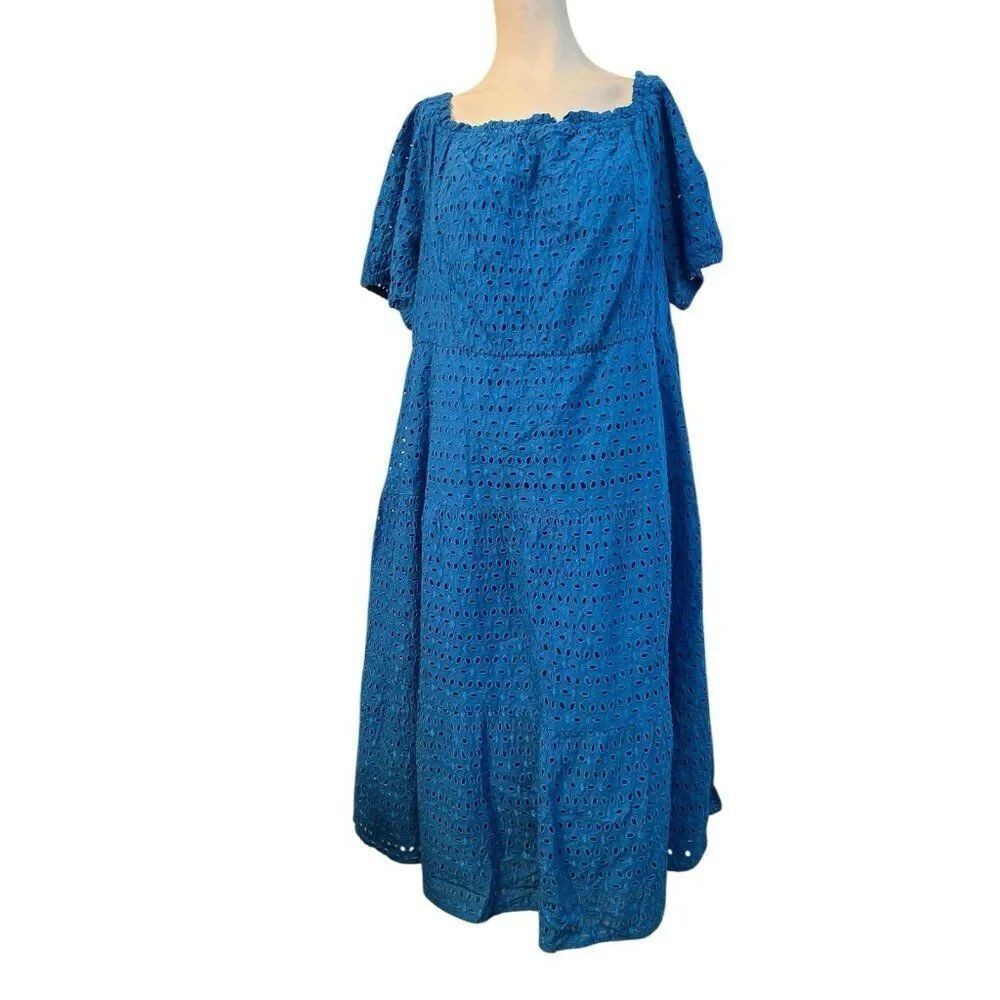 Lane Bryant Size 22 Blue Tiered Midi Eyelet Dress Lined Short Sleeve Flowy NWT